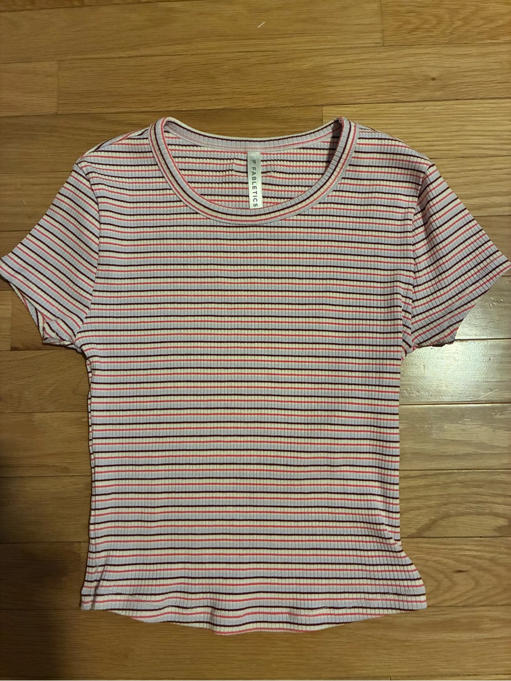 Fabletics Pink Ribbed Crewneck Tee with Red and White Stripes XS. Never Worn!!
